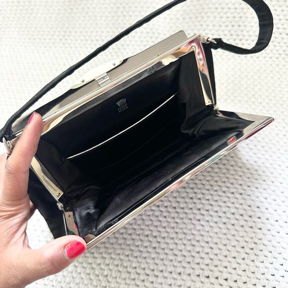 Crown Lewis Black Satin Evening Top Handle Clutch Mini Box Satchel Crystal Clasp - Picture 8 of 14